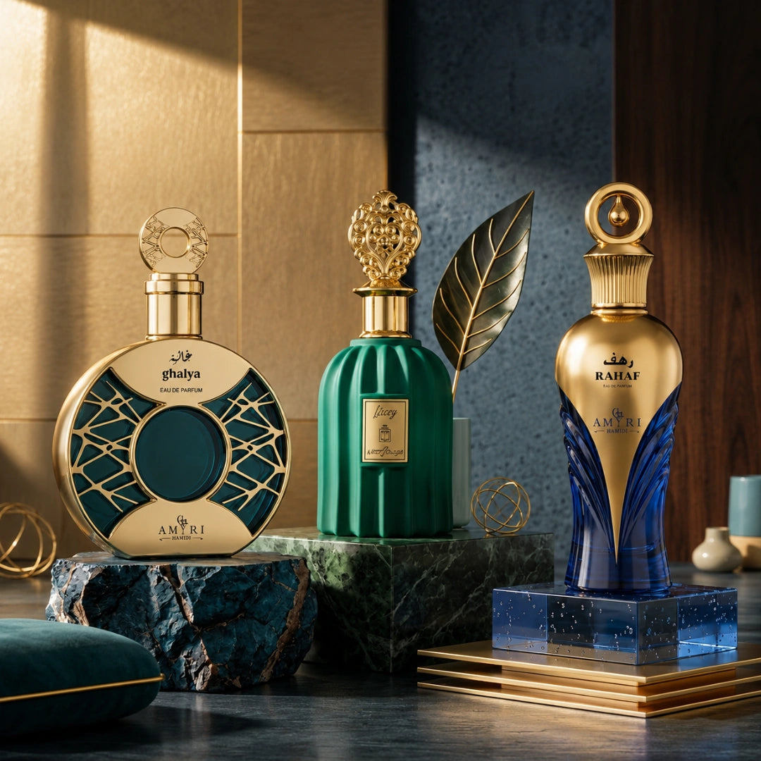 The Gourmand Bundle featuring Amiri Rahaf, Aura Art Lucy, and Ghalya Amiri Eau de Parfum sprays by Intense Oud, 100ml each.