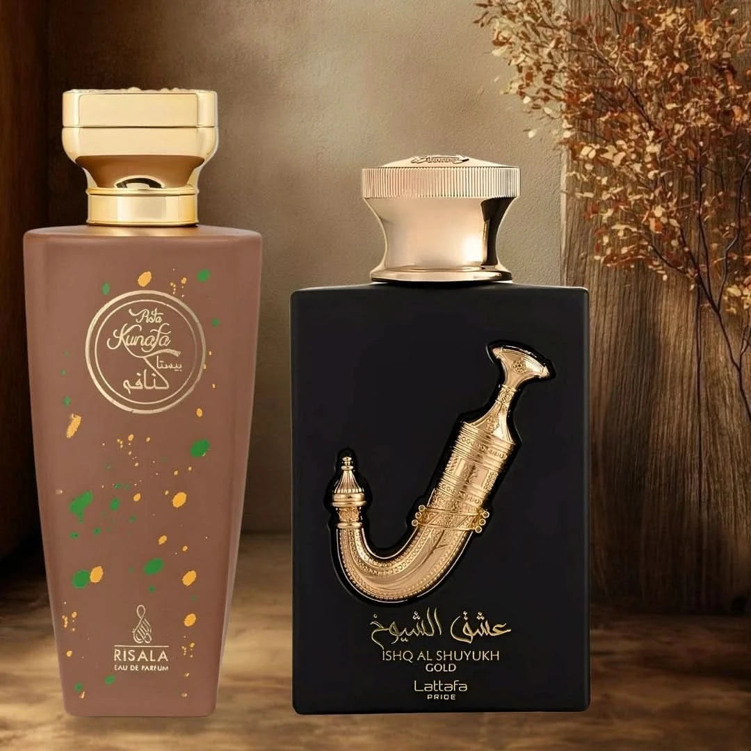 Bundle of Lattafa Pista Kunafa and Ishq Al Shuyukh Gold Eau de Parfum sprays, 100ml, featuring elegant fragrance bottles.