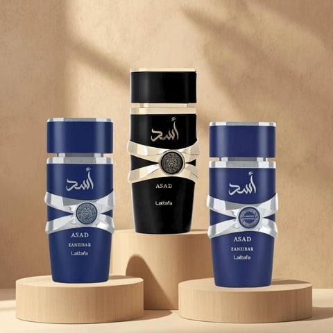 Asad, Asad Zanzibar & Asad Zanzibar Limited Edition Eau de Parfum Sprays 100ml (3.4oz) by Lattafa | Bold Sophistication Meets Exotic Adventure (Bundle) - Intense Oud