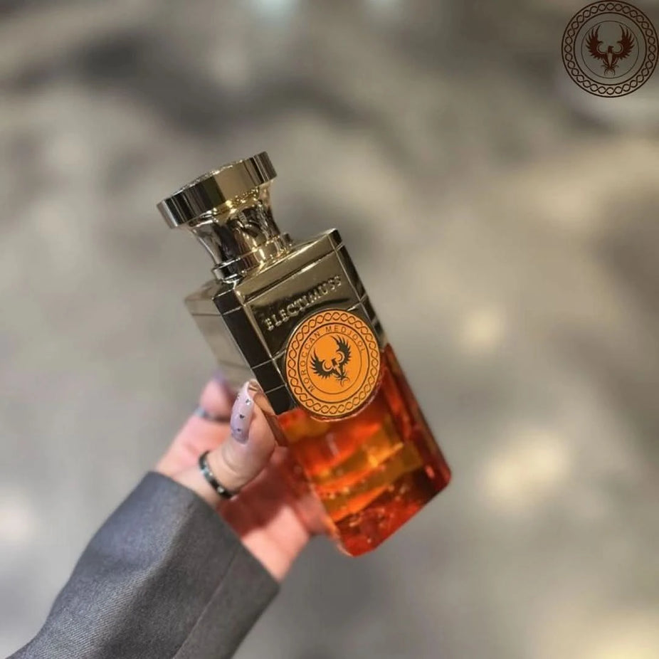 Electimuss London Moroccan Medjool Parfum Spray 100ml EDP bottle with elegant design and gold accents.