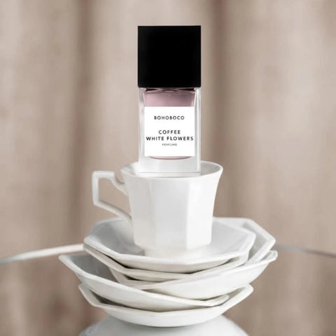 Bohoboco Coffee White Flowers Eau de Parfum spray bottle, 50ml, with floral and coffee scent notes, elegant design showing the packaging