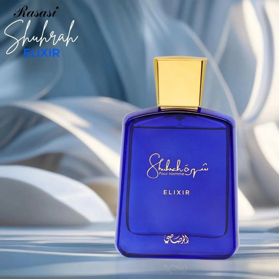 Rasasi Shuhrah Elixir Pour Homme Eau de Parfum spray bottle, 90ml, with a sleek design and elegant cap.