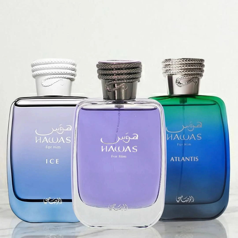 Bundle of Rasasi Hawas Ice and Hawas Atlantis Eau de Parfum sprays, 100ml bottles with sleek packaging and brand logo.