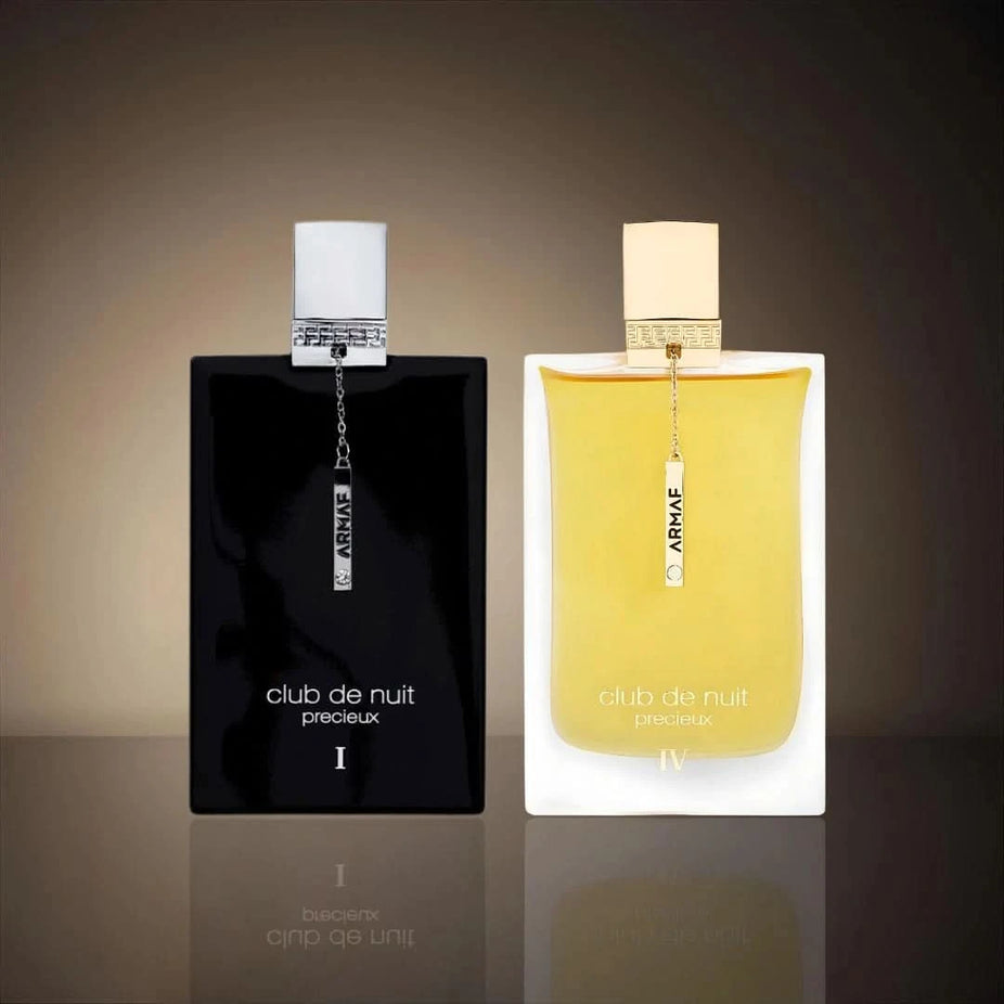 Armaf Club de Nuit Précieux I & IV perfume spray bundle, 55ml each, featuring elegant glass bottles with silver caps.