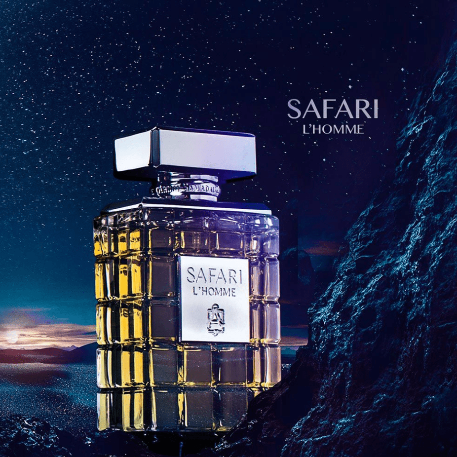 Safari L'Homme EDP by ASQ for men in 75ML bottle, elegant fragrance with intricate design, emphasized by the perfume bottle.