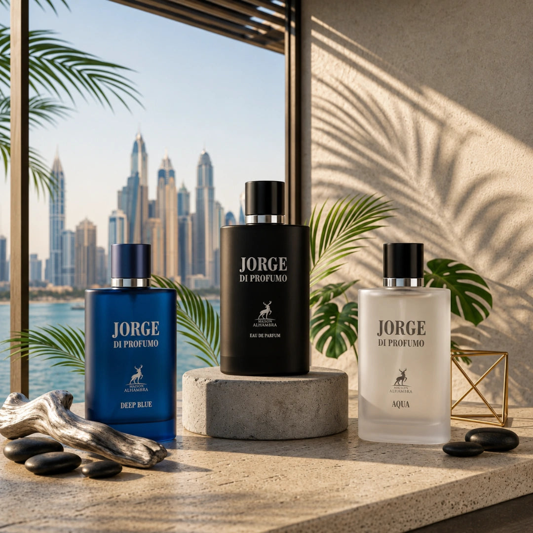Maison Alhambra Summer Bundle featuring Jorge di Profumo, Aqua, and Deep Blue Eau de Parfum spray bottles, 100ml each.