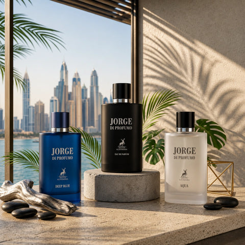 Maison Alhambra Summer Bundle featuring Jorge di Profumo, Aqua, and Deep Blue Eau de Parfum spray bottles, 100ml each.