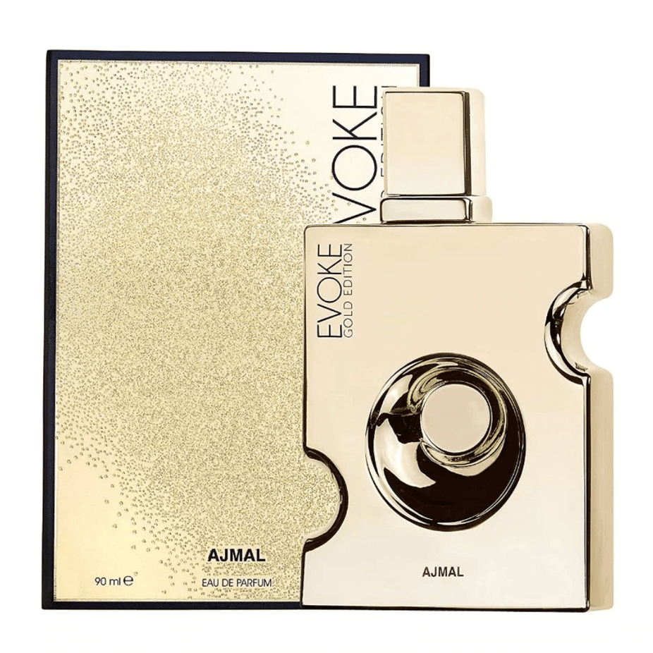 Evoke Gold Edition Eau De Parfum for Men by Ajmal, 90ml bottle with gold accents, showcasing the sleek perfume packaging.