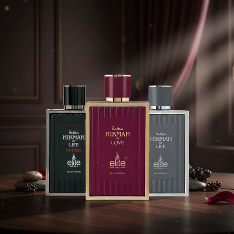 Elite Risala Hikmah Of Life, Love & Intense Eau de Parfum bundle featuring three 100ml spray bottles with elegant packaging.