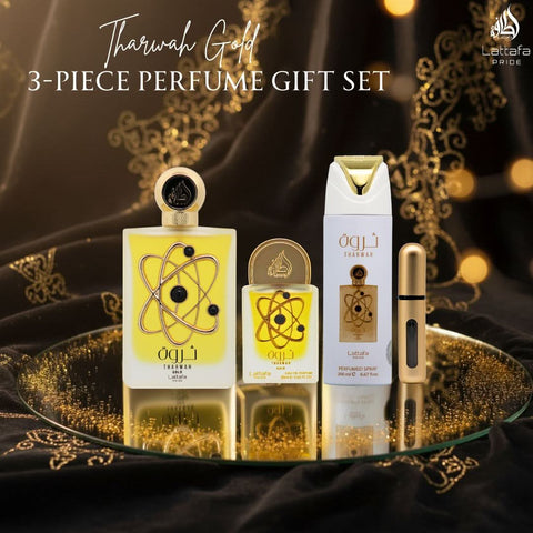Tharwah Gold 3-Piece Perfume Gift Set by Lattafa Pride (Velvet Pouch) (Auction)