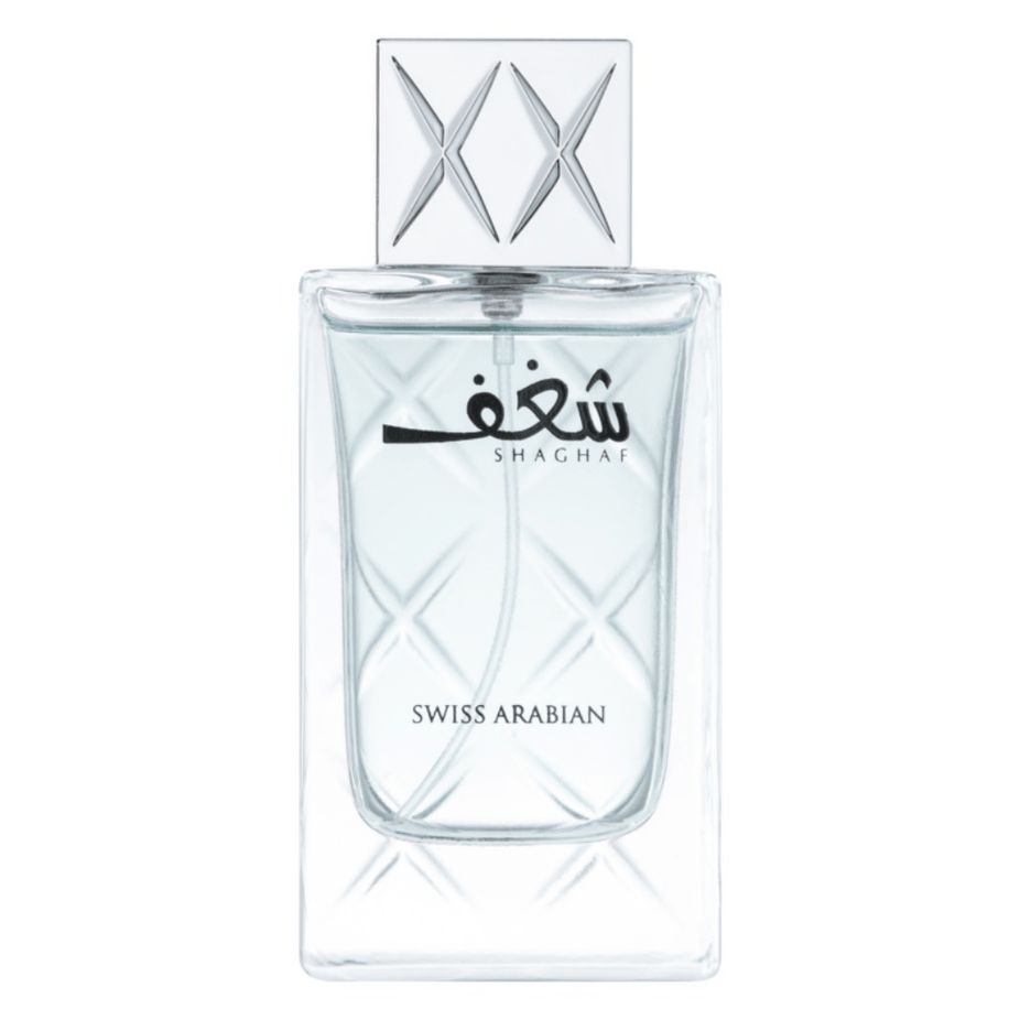 Swiss Arabian Shaghaf Eau de Parfum spray 75ml bottle, elegant glass container with black cap, showcasing the luxurious fragrance.