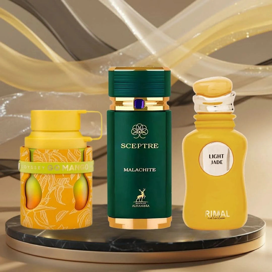 Odyssey Go Mango by Armaf, Sceptre Malachite by Maison Alhambra, and Light Jade by Rimal eau de parfum spray bundle, 100ml each.