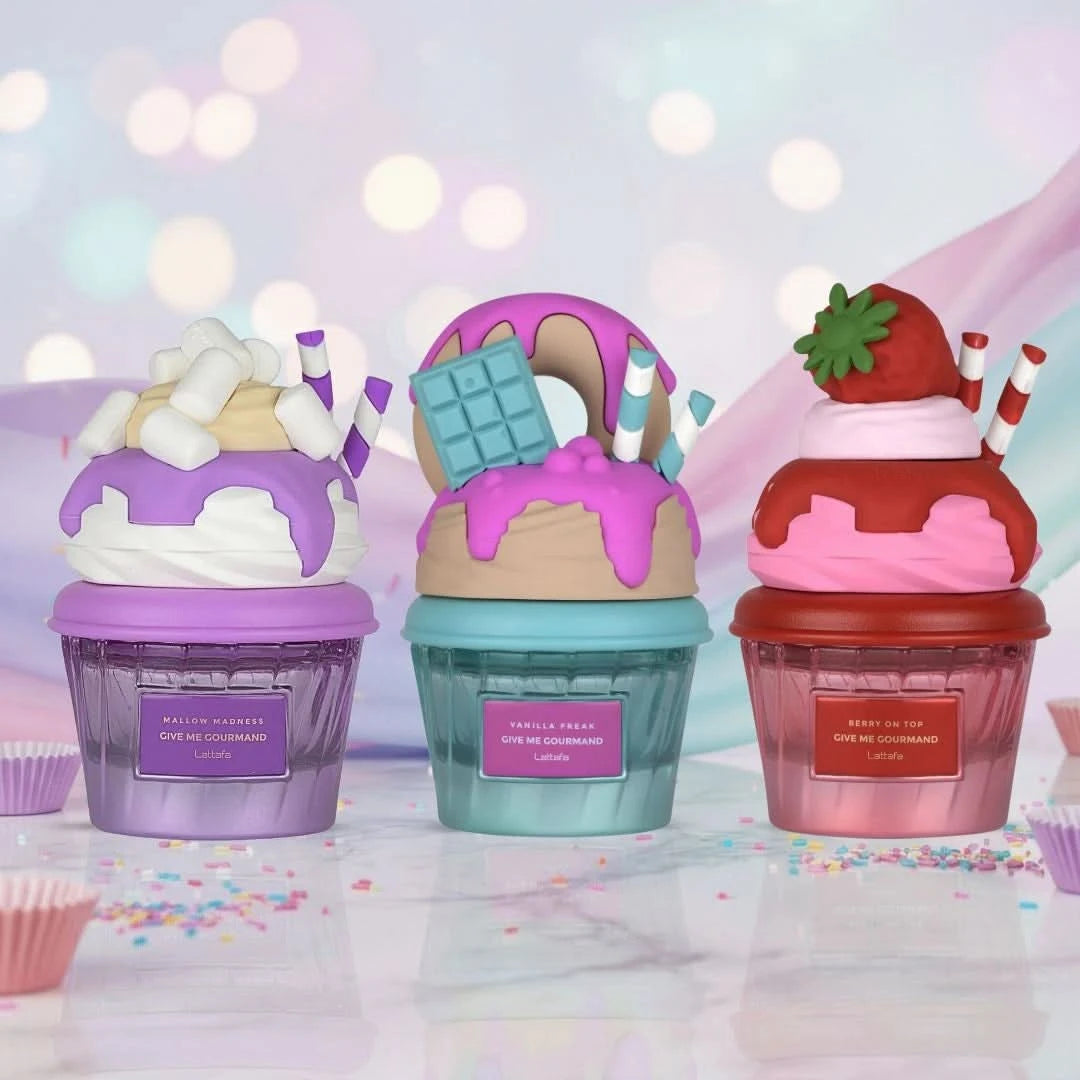 Lattafa Mallow Madness, Vanilla Freak & Berry on Top Eau de Parfum bundle, 75ml spray bottles, featuring fruity and vanilla fragrances.