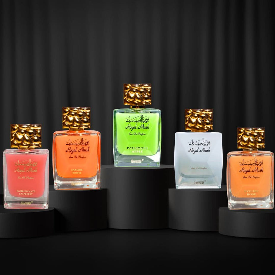 Surrati Royal Musk Eau de Parfum collection featuring caramel toffee, patchouli apple, pomegranate raspberry, lychee rose scents in 100ml bottles