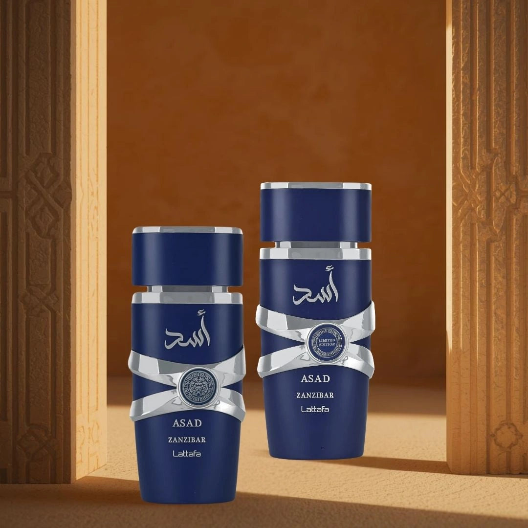 Asad Zanzibar & Asad Zanzibar Limited Edition Eau de Parfum Sprays 100ml (3.4oz) by Lattafa | The Spirit of Exotic Adventure (Bundle) - Intense Oud