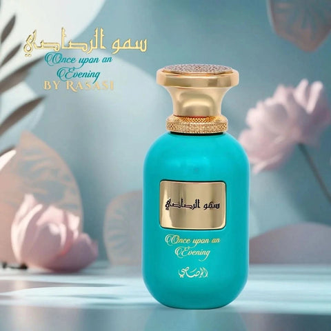 Rasasi Somow Al Rasasi Once Upon an Evening Eau de Parfum spray bottle, 100ml, featuring elegant packaging and fragrance details.