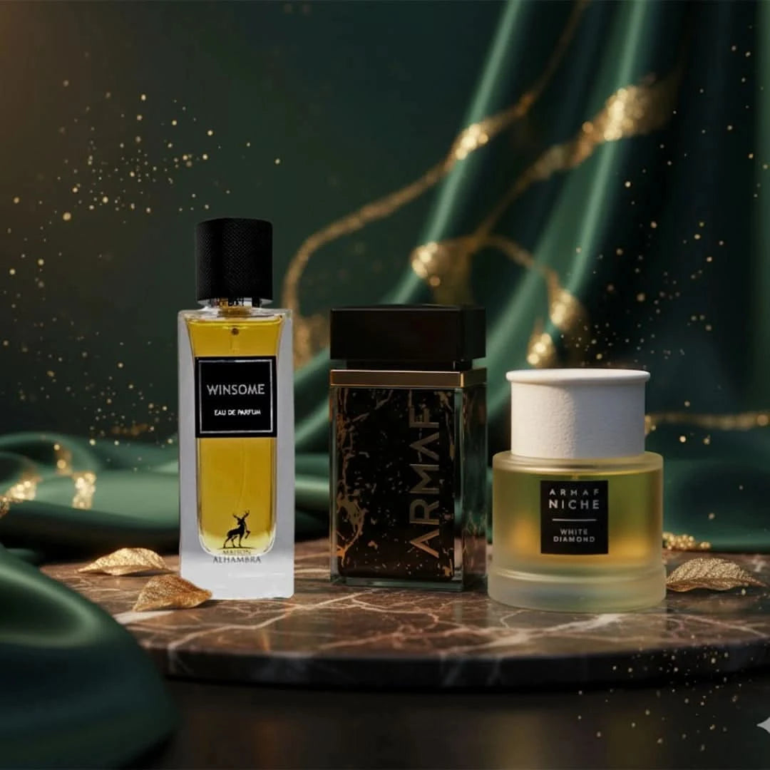 Armaf Niche White Diamond and Maison Alhambra Winsome perfume bundle with two 100ml Eau de Parfum sprays, elegant packaging.