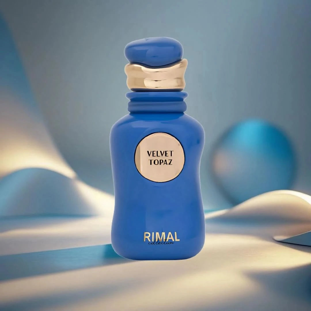 Rimal Collection Velvet Topaz Eau de Parfum spray 100ml bottle with elegant design and golden accents.