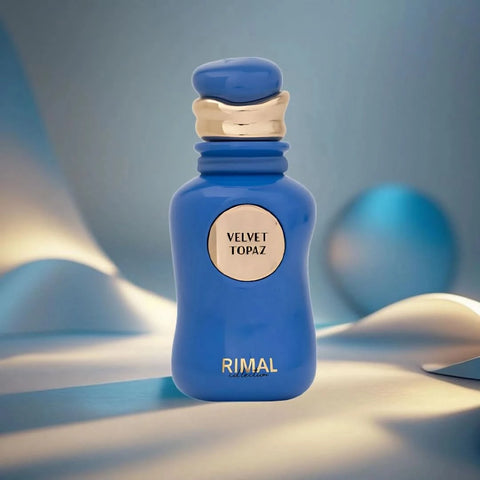 Rimal Collection Velvet Topaz Eau de Parfum spray 100ml bottle with elegant design and golden accents.