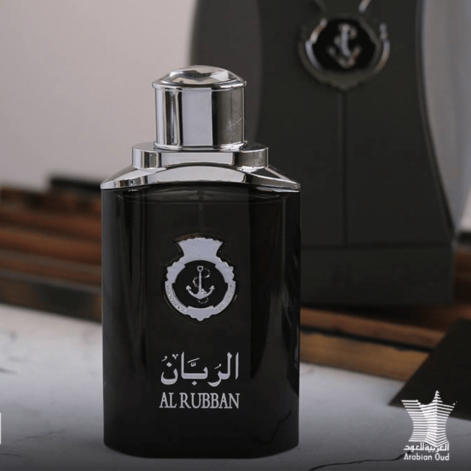 Arabian Oud Al Rubban Eau De Parfum 120ml bottle with elegant packaging and fragrance spray, showcasing a luxurious perfume design.