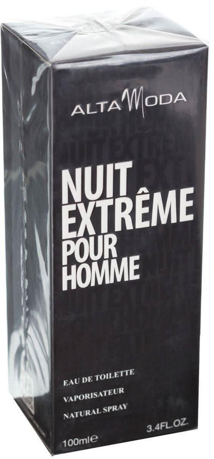 Alta Moda Nuit Extreme for Men EDT 100ml bottle inside a luxurious velvet pouch, elegant packaging for sophisticated scent.