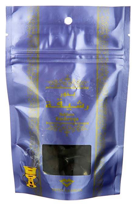 Arabia Incense Rasheeqa Bakhoor by Swiss Arabian, 40g, featuring a decorative container with traditional Bakhoor incense blocks inside.