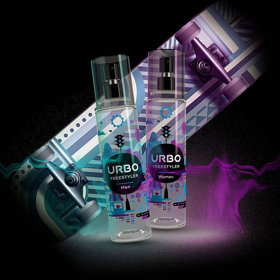 Urbo Freestyler men's body spray mist in 150 mL bottle, displaying the sleek packaging with the spray nozzle visible.