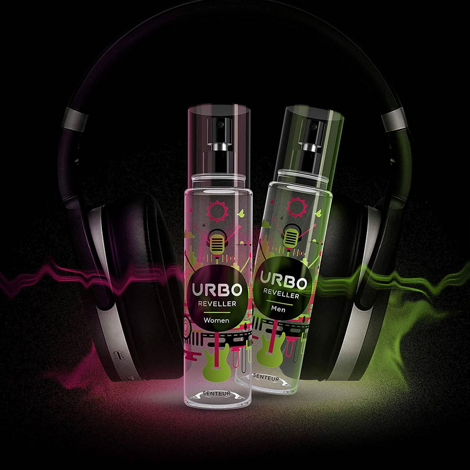 Urbo Reveller for Men body spray 150 mL bottle, featuring sleek design and spray nozzle, ideal for fresh, masculine scent.