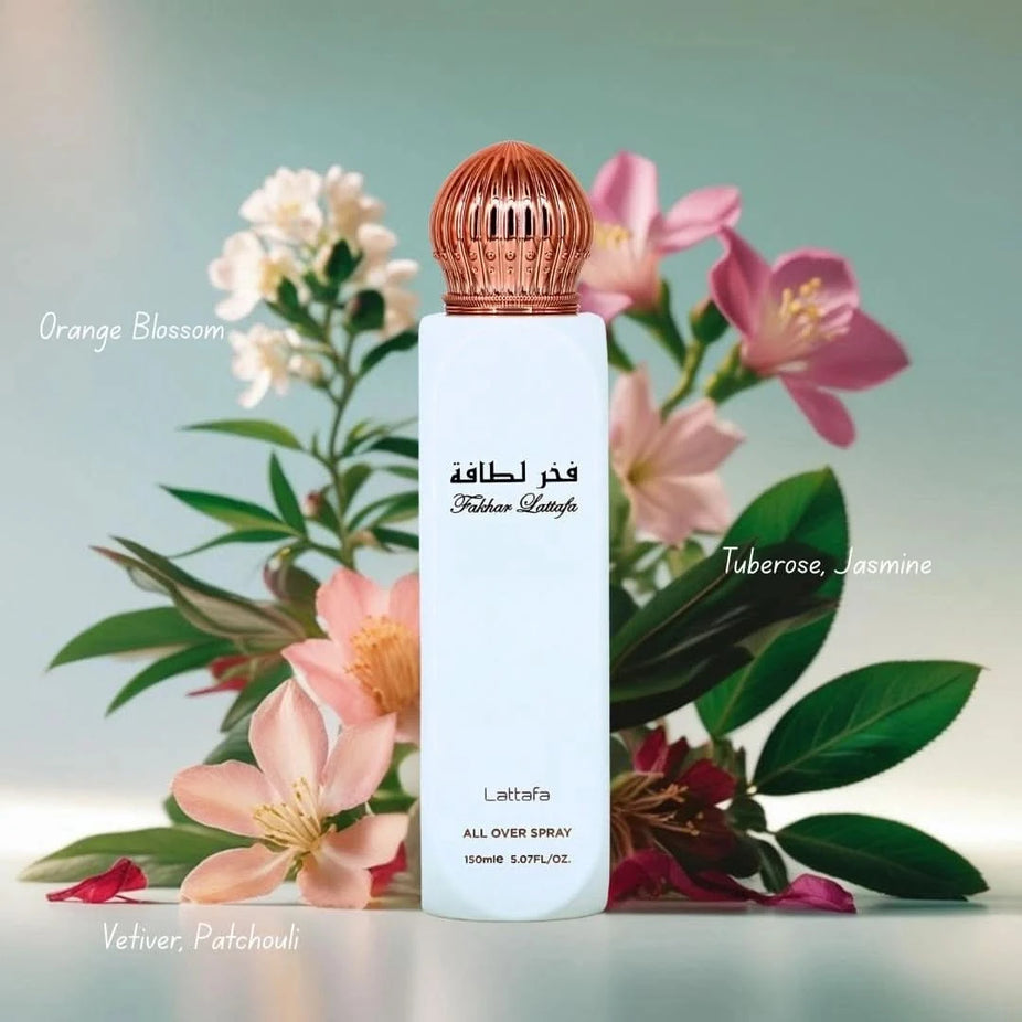 Fakhar Women All Over Spray by Lattafa, 150ml, featuring a sleek bottle and elegant design for versatile fragrance application.