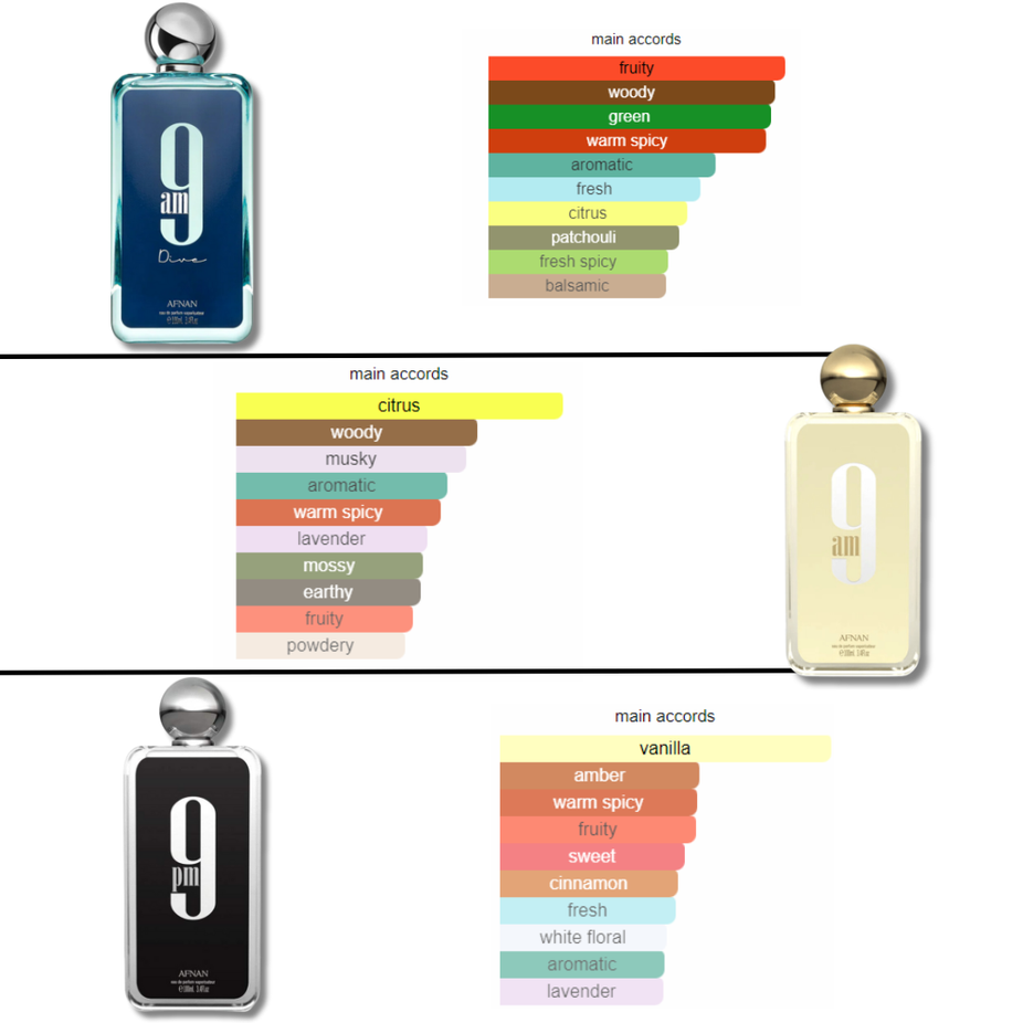 Afnan 9AM, 9PM & Dive Eau de Parfum spray collection in 100ml bottles, featuring elegant perfume bottles with sleek designs.