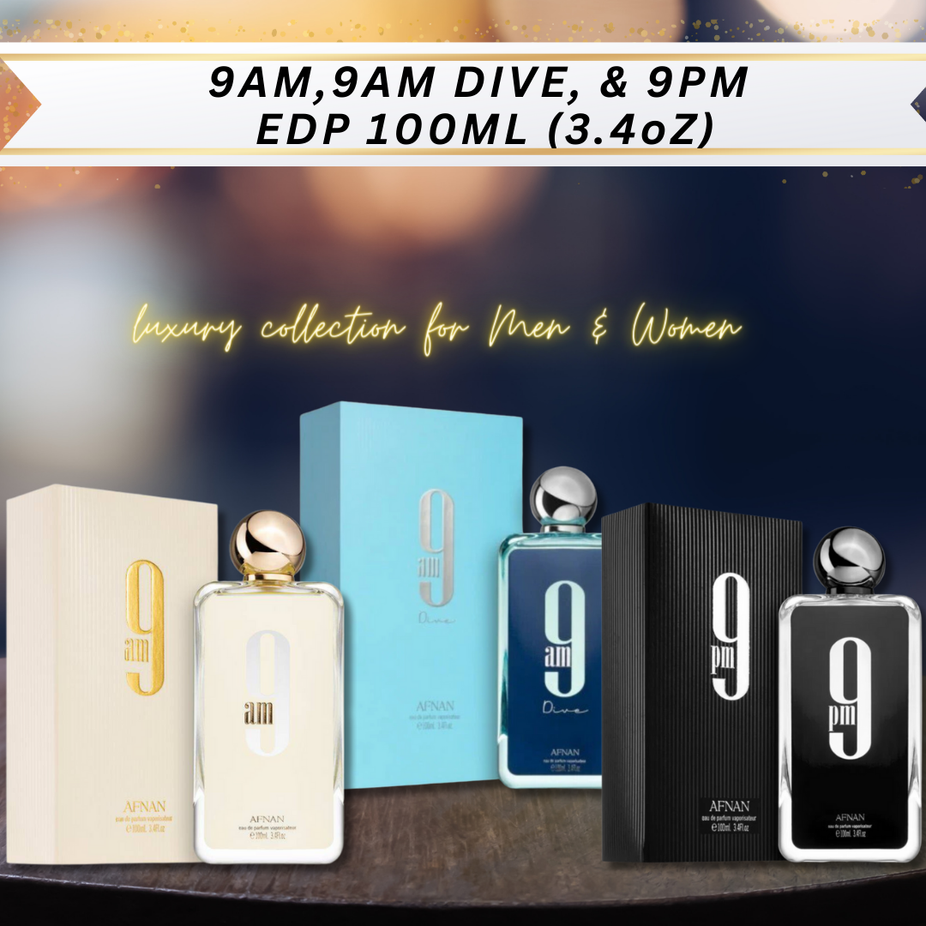 Afnan 9AM, 9PM & 9AM Dive Eau de Parfum spray collection in 100ml bottles, featuring sleek glass bottles with fragrance labels.
