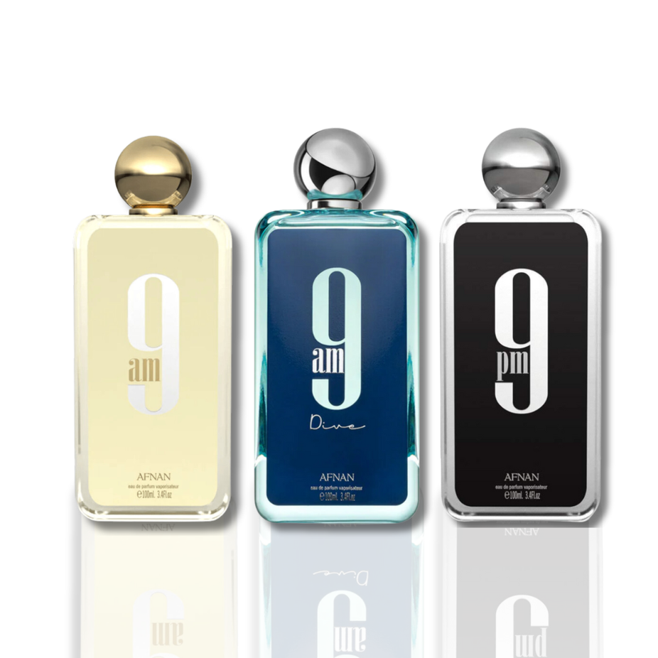 Afnan 9AM, 9PM & Dive Eau de Parfum spray collection bottles displayed together, showcasing their sleek design and branding.