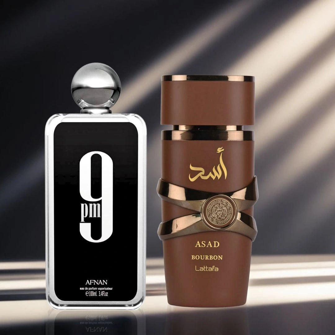 9PM by Afnan & Asad Bourbon by Lattafa – Eau de Parfum Sprays 100ml (3.4 oz) | An Irresistible Duo of Fresh Spice & Warm Indulgence (Bundle)