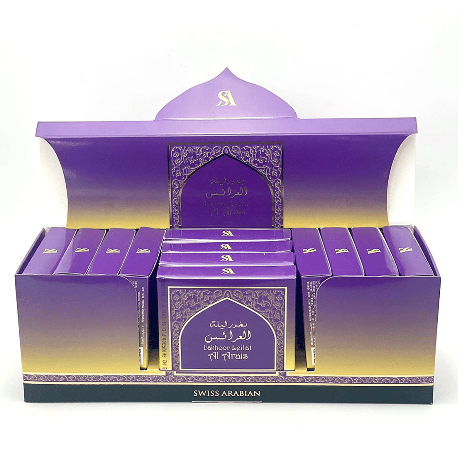 Leilat Al Arais Bakhoor by Swiss Arabian, 40 GM, fragrant traditional incense with aromatic burnable chunks in a decorative container