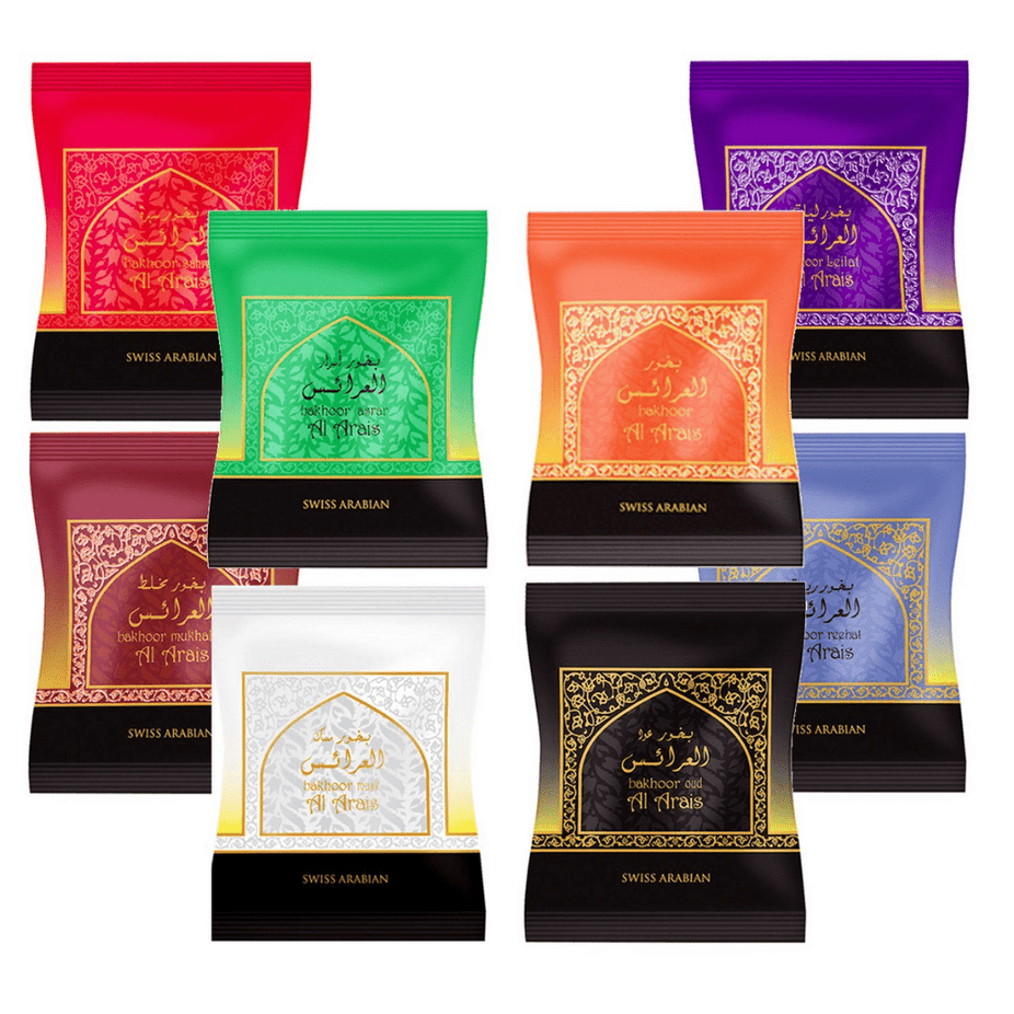 Swiss Arabian Bakhoor Al Arais, 40 GM, with aromatic incense bricks and traditional packaging for home fragrance.