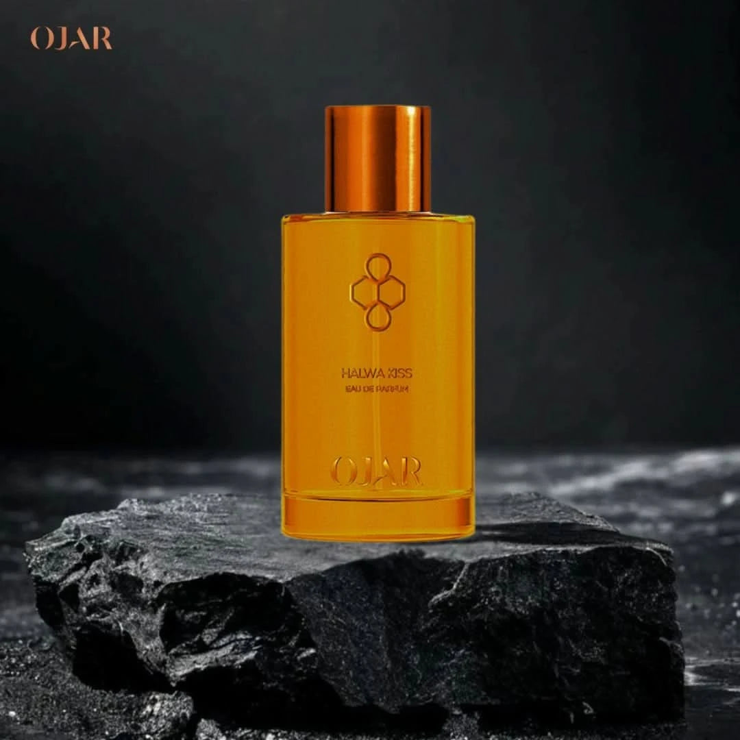 Ojar Halwa Kiss Eau De Parfum 100ml bottle with elegant packaging, showcasing the fragrance's luxurious design and branding.