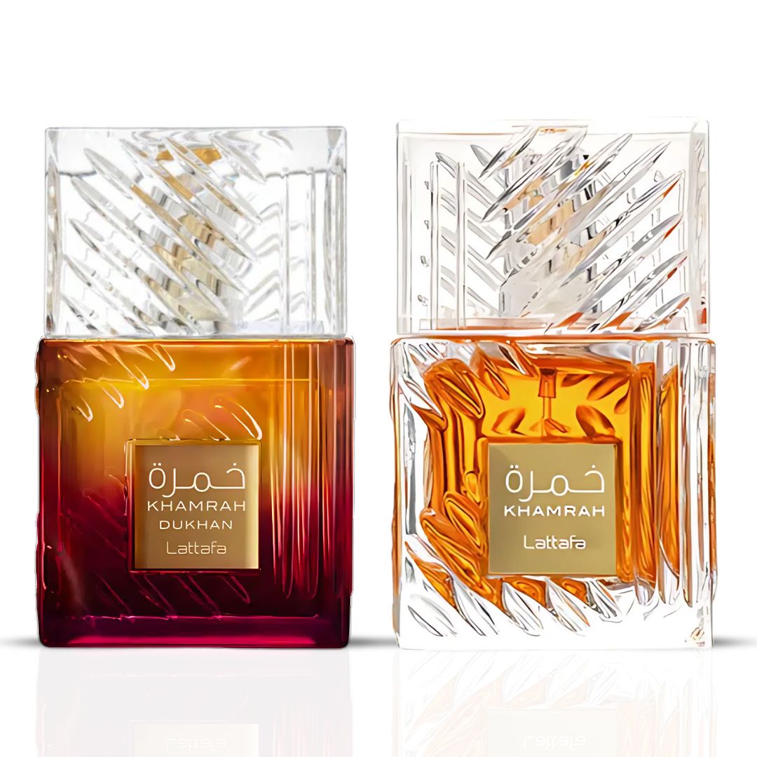 Khamrah & Khamrah Dukhan Eau De Parfum Sprays 100ML (3.4 OZ) by Lattafa | Two Icons, One Duo—Intense, Mysterious & Deeply Indulgent. (Bundle) - Intense Oud