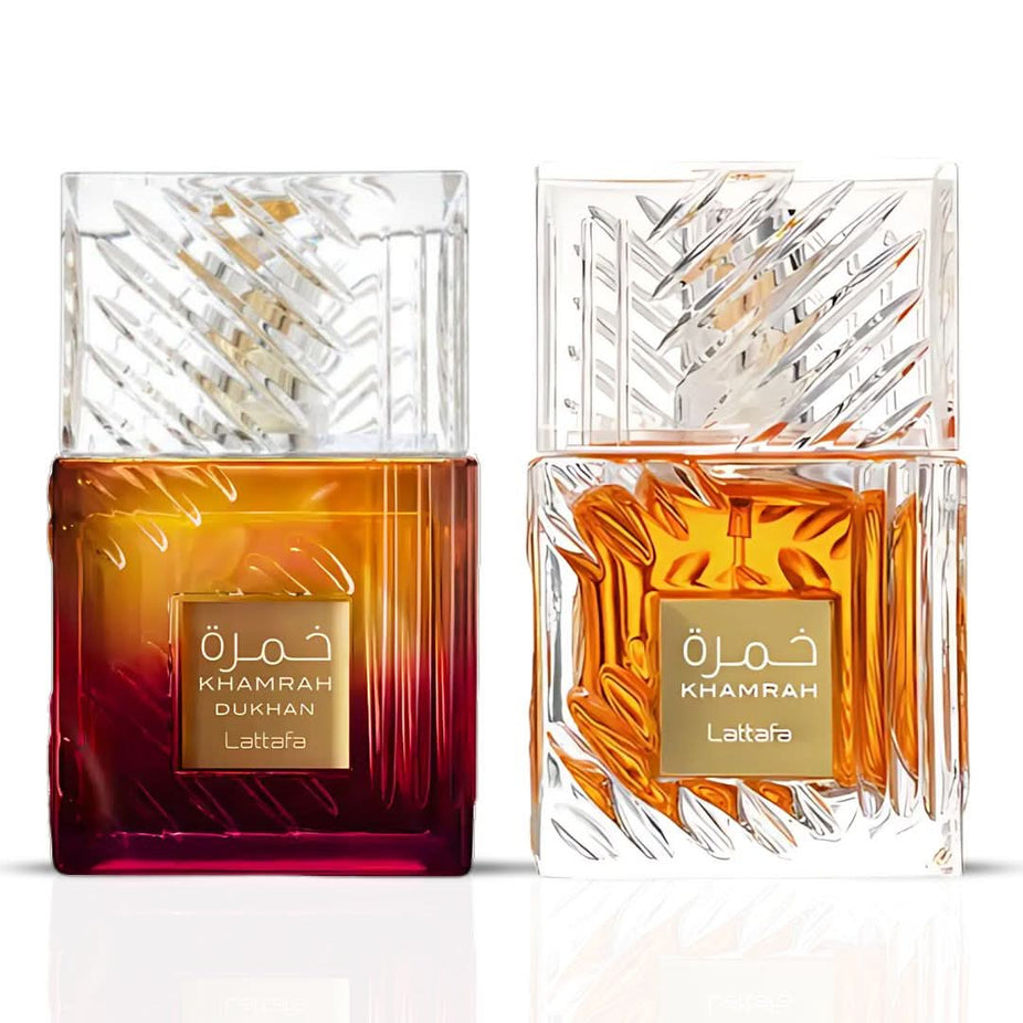 Lattafa Khamrah & Dukhan Eau de Parfum spray bundle, 100ml each, featuring elegant perfume bottles with intricate designs.