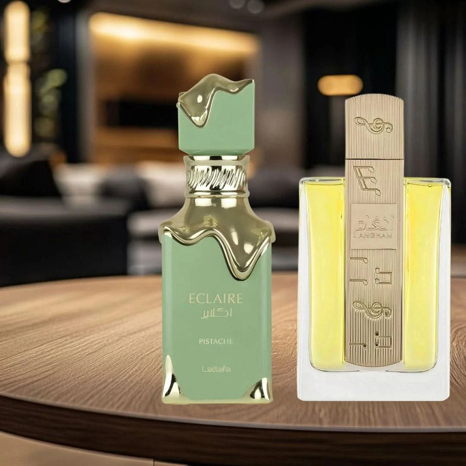 Lattafa Eclaire Pistache & Angham Eau de Parfum bundle, two 100ml spray bottles with elegant packaging and fragrance labels visible.