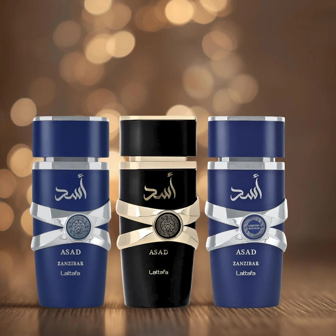 Asad, Asad Zanzibar & Asad Zanzibar Limited Edition Eau de Parfum Sprays 100ml (3.4oz) by Lattafa | Bold Sophistication Meets Exotic Adventure (Bundle) - Intense Oud