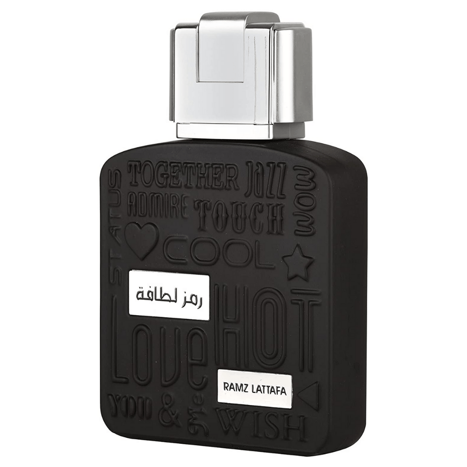 Lattafa Ramz Lattafa Silver Eau de Parfum spray 100ml bottle, sleek design, elegant packaging, and fragrance bottle.