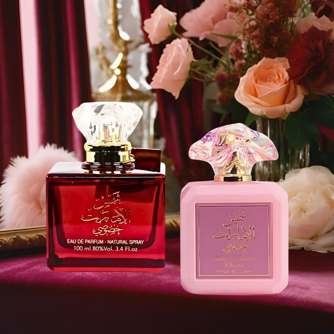 Bundle of Ard Al Zaafaran Shams Al Emarat Khususi and Pink Blush Eau de Parfum sprays, 100ml each, with floral and fruity scents.