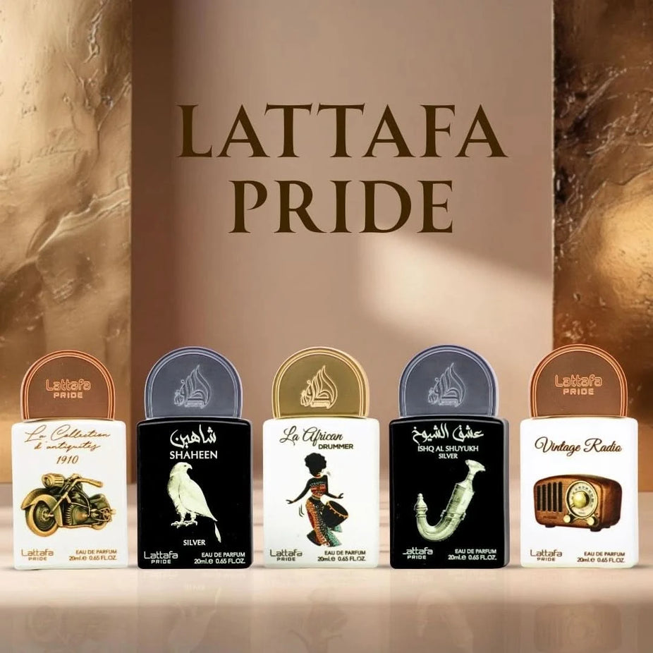 Lattafa Pride Eau de Parfum Gift Set collection with five 20ml bottles, featuring elegant perfume packaging and branding.