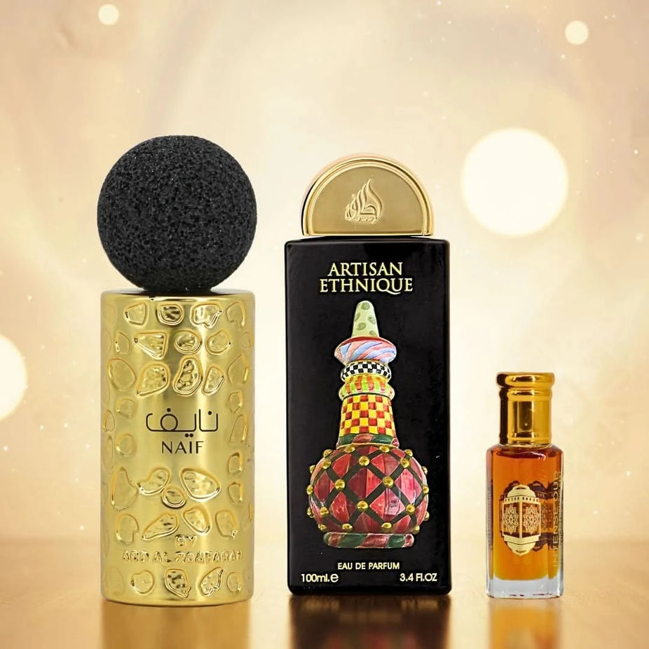 Lattafa Naif and Artisian Ethnique Eau de Parfums with Nouf Perfume Oil, 100ml sprays and 12ml oil, perfect for date night.