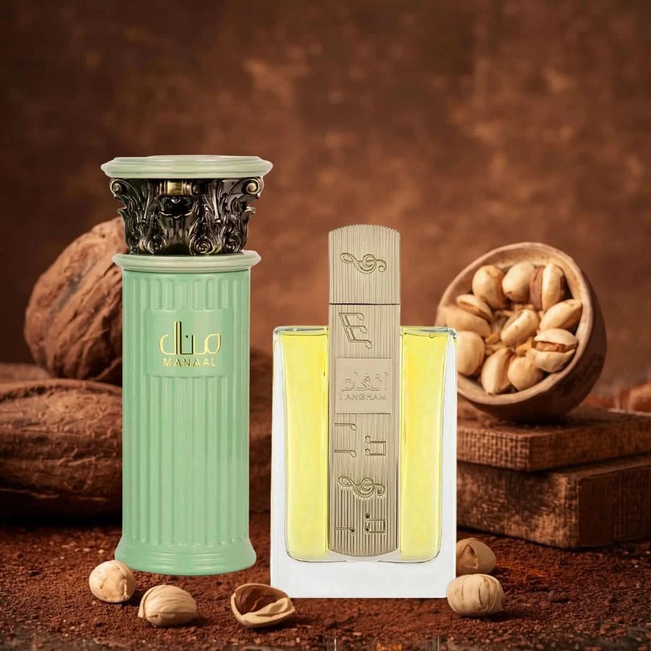 Bundle of Ard Al Zaafaran Manaal and Lattafa Angham Eau de Parfum sprays, 100ml, featuring elegant perfume bottles.
