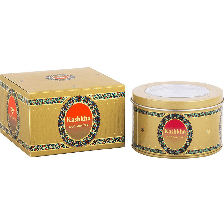 Swiss Arabian Kashkha Oud Muattar Bakhoor 24 GM with fragrant incense and traditional Bakhoor packaging.