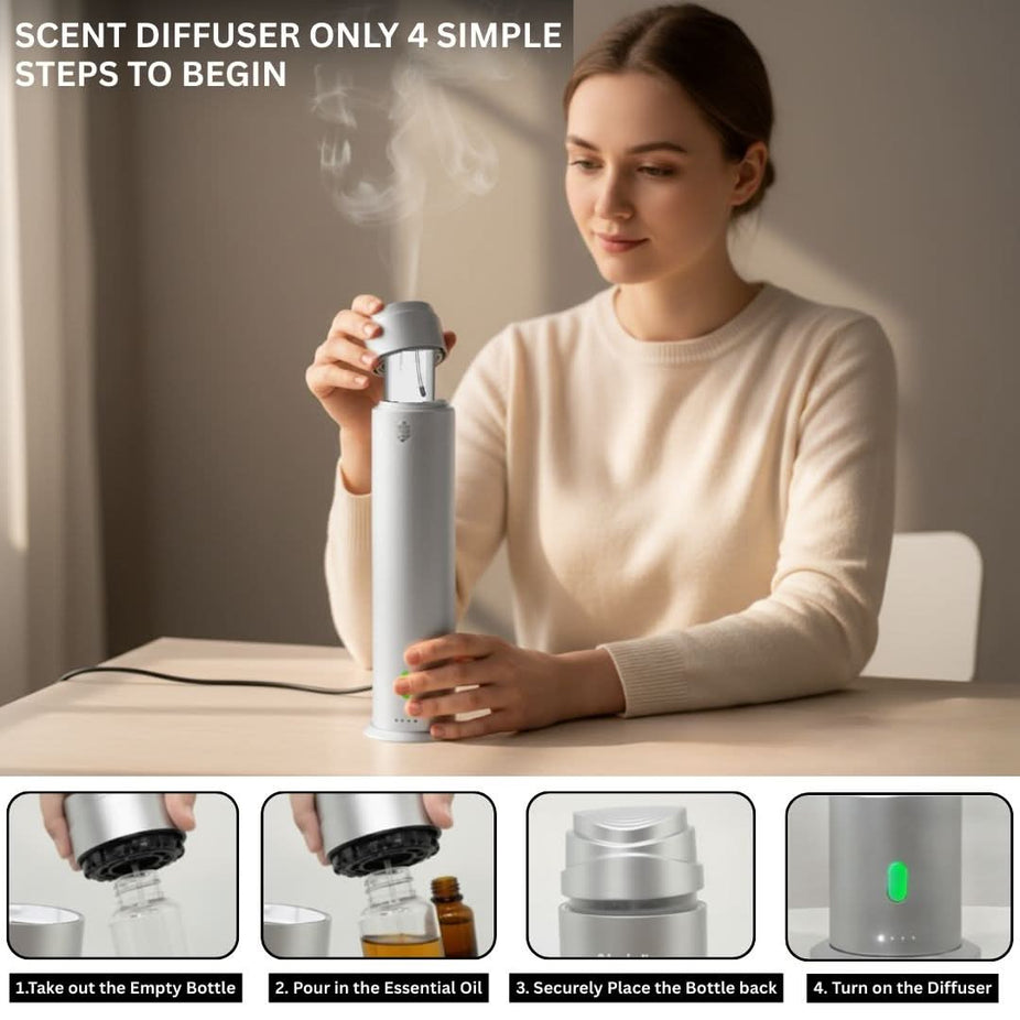 Intense Oud Silver Aromatherapy Diffuser with remote, 120ml capacity, adjustable mist, timer, for home, office, or hotel use.