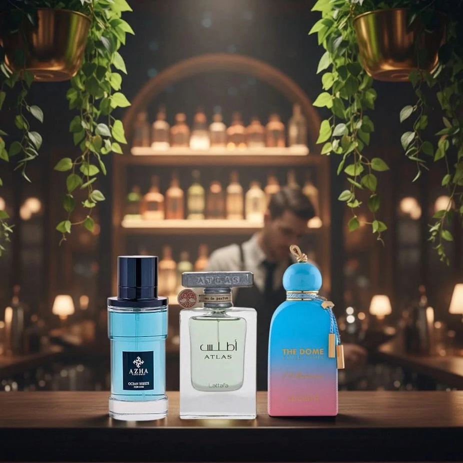 Intense Oud Ocean Breeze, Atlas, Millennium Eau de Parfum bundle featuring three 100ml spray bottles in a fresh, vibrant scent collection.