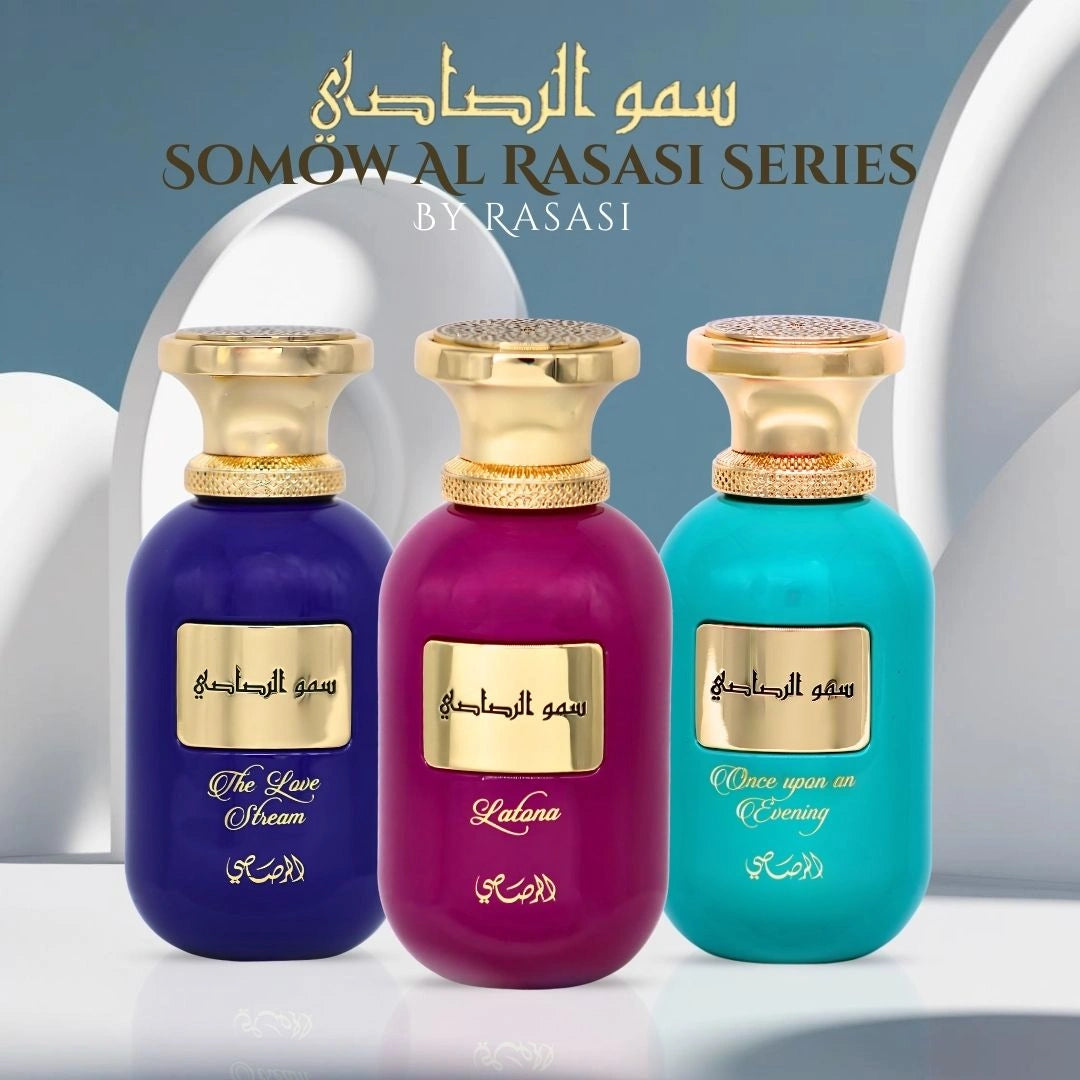 Somow Al Rasasi The Love Stream, Latona & Once Upon an Evening Eau de Parfum Sprays 100ml (3.4 oz) by Rasasi | A Symphony of Radiance, Warmth & Timeless Elegance (Bundle) - Intense Oud