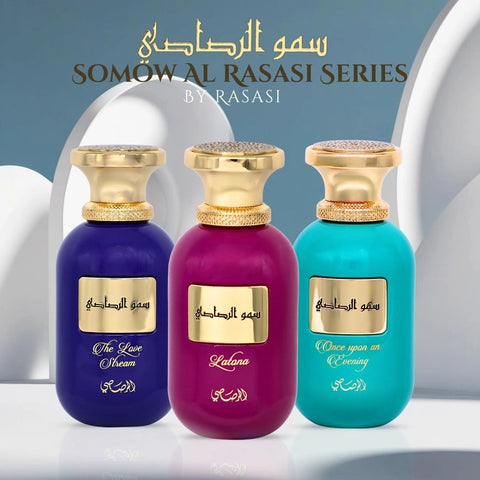 Somow Al Rasasi The Love Stream, Latona & Once Upon an Evening Eau de Parfum Sprays 100ml (3.4 oz) by Rasasi | A Symphony of Radiance, Warmth & Timeless Elegance (Bundle) - Intense Oud
